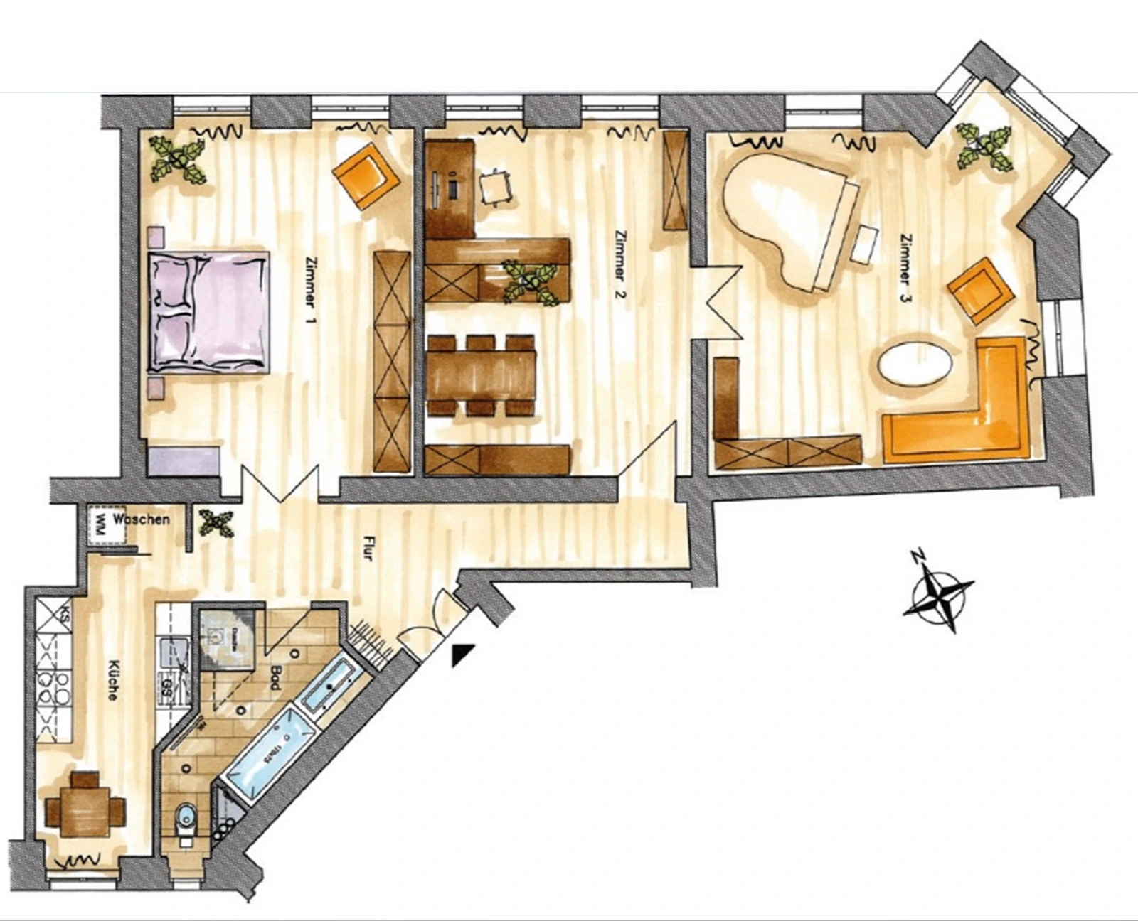 Original floor plan showing three rooms, a corner bay window, separate kitchen, bathroom and hallway